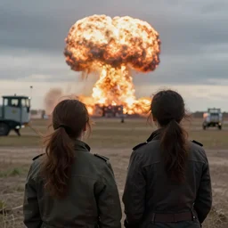 a couple of women together watching a nuclear explosion in the distance