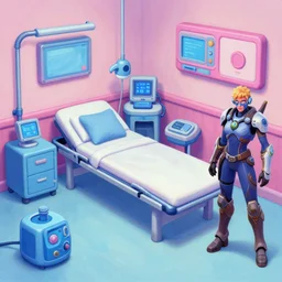 game asset of the sims star citizen furniture and decor, hospital and medical technology, in gouache detailed paintings, props, stylized, 2 d sprites, kitbash, arcane, overwatch, blue and pink color scheme, 8 k, close up