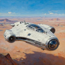 stylish spaceship in retro scifi landscape, beautiful colours, sharp textures, nikolay georgiev, alex ross, bruce pennington, donato giancola, larry elmore, masterpiece, oils on canvas, trending on artstation, featured on pixiv, cinematic composition, sharp, details, hyper - detailed, hd, hdr, 4 k, 8 k