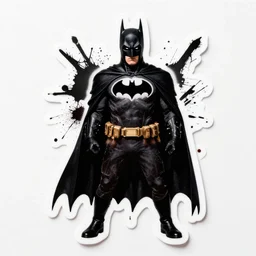 die cut sticker, absurdist batman as a black metal band member, splatter paint