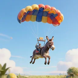 a donkey jumping from an airplane with parachute, award winner, ultra realistic, volumetric lighting