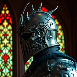 intricate side - view portrait of a knight, kaldor helmet, skull - shaped visor, spike crown, gothic stained glass window, shiny red background, very masterful, backlit