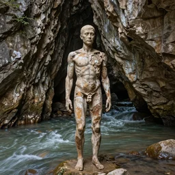 half petrified human in the cave river, 8k, realistic photography,