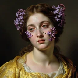 hyperrealism close - up mythological portrait of an exquisite medieval woman's shattered face partially made of lilac flowers in style of classicism, wearing yellow silk robe, dark palette