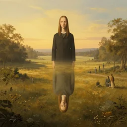 symmetry!! a surreal landscape of a dream, lucid dream, people, very detailed, serene, peaceful, golden hour, perfect lighting, perfect composition, digital art, illustration, frederic edwin church, rene magritte, 4 k