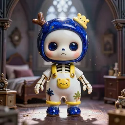 lovely realistic ball jointed high end lapis lazuli porcelain with gold inclusions skeleton doll with cute white yellow overalls and cute nature themed accessories, inside gothic doll manor bedroom, god rays, dust particles, photorealistic, aesthetic shot, worms eye view, macro camera lens, high definition, cartoon proportions, cinematic, lens flare