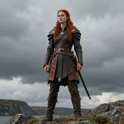 north adult female warrior, red hair, ginger hair, long hair, fantasy, female Viking, high detailed, photography, cloudy, lightweight leather armour, Scandinavia, plain, detailed face, beautiful face, beautiful girl, look into the distance, professional model, glowing skin, serious face, full body,in full growth, professional photographer, masterpiece, 50 mm, extremely detailed, sharp focus, 8k, 3D