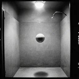 movie still of empty mathematical shower with a flying sphere, cinestill 8 0 0 t black and white, by andrei tarkovsky, heavy grain, high quality, high detail, ultra wide lens, cinematic composition, dramatic light, lens flares, anamorphic, trail cam
