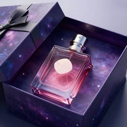 perfume in galaxy gift box, highly detailed, concept art, realistic, octane render, unreal engine, up close shot