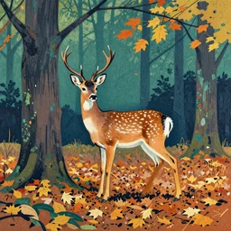 gediminas pranckevicius, a little deer in the forest, fallen leaves in autumn, very coherent and colorful high contrast art by simon stalenhag james gilleard floralpunk screen printing woodblock, pastel color, hard lighting, gediminas pranckevicius
