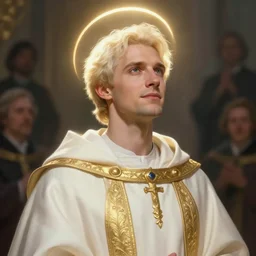 Portrait of an Aasimar man wearing white and gold cleric vestments, short platinum blonde hair a kind face a halo of light over his head and a distantly hopeful expression, cinematic lighting, detailed, beautiful, illustration by Greg Rutkowski, Andrei Riabovitchev Jean Giraud Tom Anders Zorn, Edward Hopper and Ilya Kushinov, Frederick Bacon, Tom Anders Zorn, John Collier, Vladimir Abat-Cherkasov