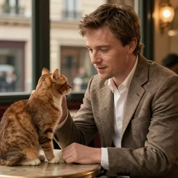 ewan mcgregor talking to his brown cat in early 2 0 th century cafe in paris.