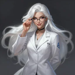 a highly detailed illustration of beautiful long white haired mad scientist woman wearing labcoat and glasses, dramatic pose, manic smile, intricate, elegant, highly detailed, centered, digital painting, artstation, concept art, smooth, sharp focus, league of legends concept art, wlop.