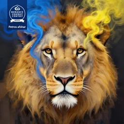 a painting of a lion's face with blue and yellow smoke coming out of, a digital painting by petros afshar, behance contest winner, digital art, behance hd, digital illustration, digital painting