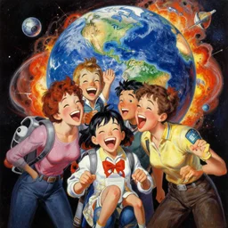 a picture of a laughing family in space, a detailed action painting by mort kunstler, pixiv, kitsch movement, exploding earth in background, movie poster, official art