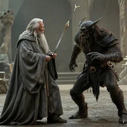 Morgan Freeman as Gandalf the Grey fighting the balrog, still from Lord of the Rings movie, detailed, 4k