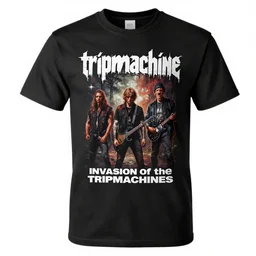 a band shirt, printed tshirt with bandname is tripmachine, tourname is invasion of the tripmachines, realistic digital art, 3 d render of a huge futuristic steampunk generator, 8 k, fluorescent colors, halluzinogenic, multicolored, exaggerated detailed, unreal engine