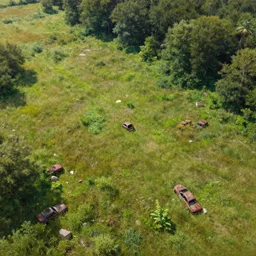 aerial view of grass fields!!!, wild forest!!! vegetation!!!, rubble!!, rusty cars!!, hyperrealistic, highly detailed, cinematic, sunny light, beautiful, cgssociety, artstation, 8 k, oil painting by greg rutkowski, by artgerm, by wlop