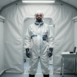 man wearing hazmat suit in clean tent. by Roger Deakins