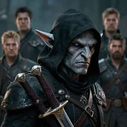 A head and shoulder portrait of a DnD deep gnome rogue with grey skin, two daggers at his waist and he is wearing a black hood by Greg Rutkowski, Sung Choi, Mitchell Mohrhauser, Maciej Kuciara, Johnson Ting, Maxim Verehin, Peter Konig, final fantasy, 8k photorealistic, cinematic lighting, HD, high details, dramatic, epic atmosphere, trending on artstation