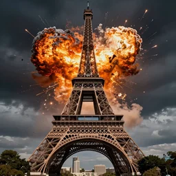 the end of the eiffel tower, cinematic photograph, explosion, epic photograph, amazing lighting, destruction, stunning,