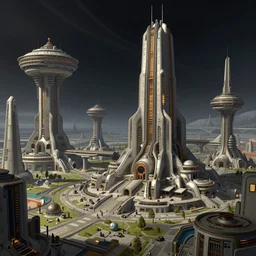 a space fantasy city of archologies concept art in the style of Ralph McQuarrie/Syd Mead/John Berkey detailed HD 8k High Resolution