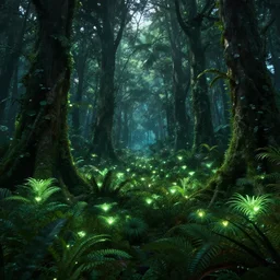 a forest with glowing plants, wide shot, cinematic, ultra realistic, ultra detailed, in style of avatar movie