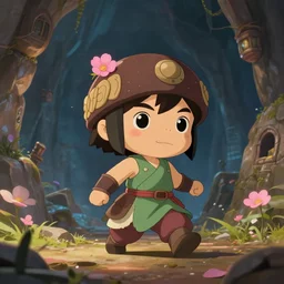 animation key shot of a cute chibi warrior exploring a mountain dungeon, studio ghibli, pixar and disney animation, sharp, rendered in unreal engine 5, anime key art by greg rutkowski, bloom, dramatic lighting