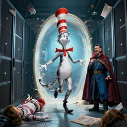 the third first image on the scattered absurdity server, dr seuss, and dr strange, very pretty, portal hopping and time warping with wild reckless abandon, dramatic atmosphere, photo realistic, hyperrealism, by Greg rutkowski, Jacek Yerka, Dan Mumford
