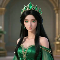 a young empress with long black hair and green eyes wearing a crown of emeralds and a green silk dress, 8 k uhd, unreal engine, octane render in the artstyle of finnian macmanus, john park and greg rutkowski