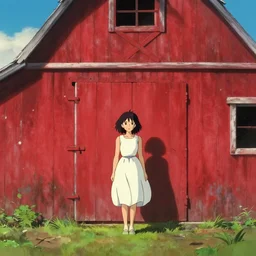 a young woman in the shadow! of a red barn!. black hair, white! dress, sharp focus, wide angle, studio ghibli, trending on artstation