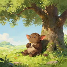 A cute kobold is enjoying the sweet summer air under the shade of a great oak tree in summer. trending on Pixiv. trending on ArtStation. A vibrant digital oil painting. A highly detailed fantasy character illustration by Wayne Reynolds and Charles Monet and Gustave Dore and Carl Critchlow and Bram Sels