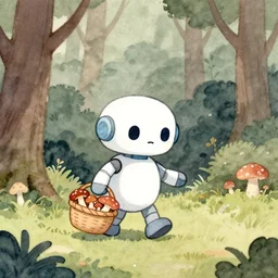 a cute little robot walking in the forest picking mushrooms, holding a basket full of mushrooms, watercolor painting by jean - baptiste monge, muted colors