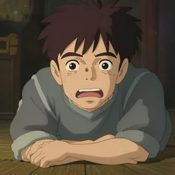 a 50 year old brunnete chinese man with puffy cheeks bursting in tears on the floor, horror scene, dramatic, close up shot, anime art, Greg Rutkowski, studio ghibli, dramatic lighting