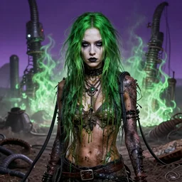 highly detailed portrait of an moody wasteland punk long dripping green poison hair tribal lady, stray black rubber hoses by atey ghailan, james gilleard, by joe fenton, by greg rutkowski, by greg tocchini, by kaethe butcher, 4 k resolution, gradient purple, brown black and white color scheme!!! ( ( green flaming robotic sewer background ) )