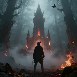 devil, scary, magical area, foggy area, by greg rutkowski, sharp focus, man standing, tower, fire, butterflies