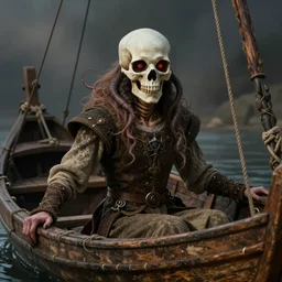 a mutant with a skull instead of his face and tentacled eyes, in a medieval garb on a wooden boat