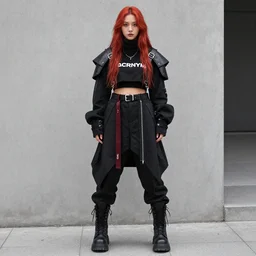 beautiful red haired woman in techwear, warcore look and clothes, ACG, ACRNYM, Rick Owens, trending on r/streetwear, outfit photo