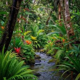 a colorful jungle filled with plants and animals, a stream running through it