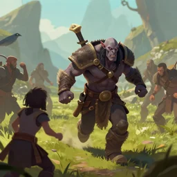 the half orc running towards his friends, digital art