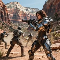cinematography of a cinematic ultra realist and ultra intricate detailed fps photo of a beautiful sci-fi armored Apex legends Destiny Titanfall fall shooter shootout in Zion national park by Emmanuel Lubezki