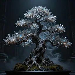 dark eerie photograph, evil wicked bonsai tree, glowing branches and crystals leaves, nacreous lights, wispy glowing horror