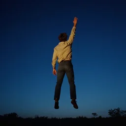 a still from a color 1 9 8 5 film with a man floating 1 0 feet above the ground at night with a single raised arm, rear shot