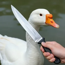 a shiny knife is being held by a white goose