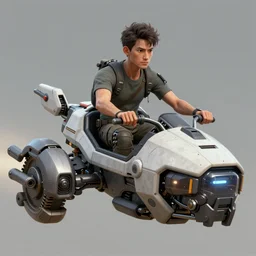 a concept art illustration, portrait, close up shot, a man riding a mechanical flying vehicle, style by dylan cole and feng zhu and wlop, unreal engine, trending in artstation, octane render