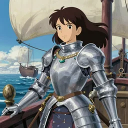 An epic fantastic realism comic book style painting of a medieval woman ship pilot, wearing shiny breastplate, ship at sea, studio ghibli, dynamic lighting
