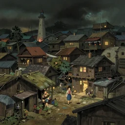 a photorealistic digital illustration of a shady shanty town by Studio Ghibli and Herge