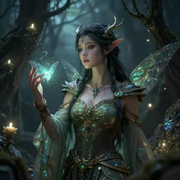 a lithe enchanting druid priestess surrounded by mystical fae and eerie lights matte painting, highly detailed, intricate, concept art, dramatic cinematic lighting