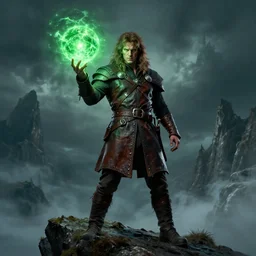 portrait dangerous dave, sorcerer of the northern winds wearing a leather doublet brandishing a glowing green orb whilst standing on a cliff chris cold Jean Sebastien Rossbach jana schirmer jeff simpson greg staples