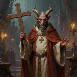 an extremely detailed matte painting of a horned demon cleric dressed in a catholic priest's cassock, preaching in a fantasy city, tiefling from d & d carrying a large wooden cross, fantasy, fantasy tavern background, 4 k, artstation, detailed, realistic, by alphonse mucha and greg rutkowski